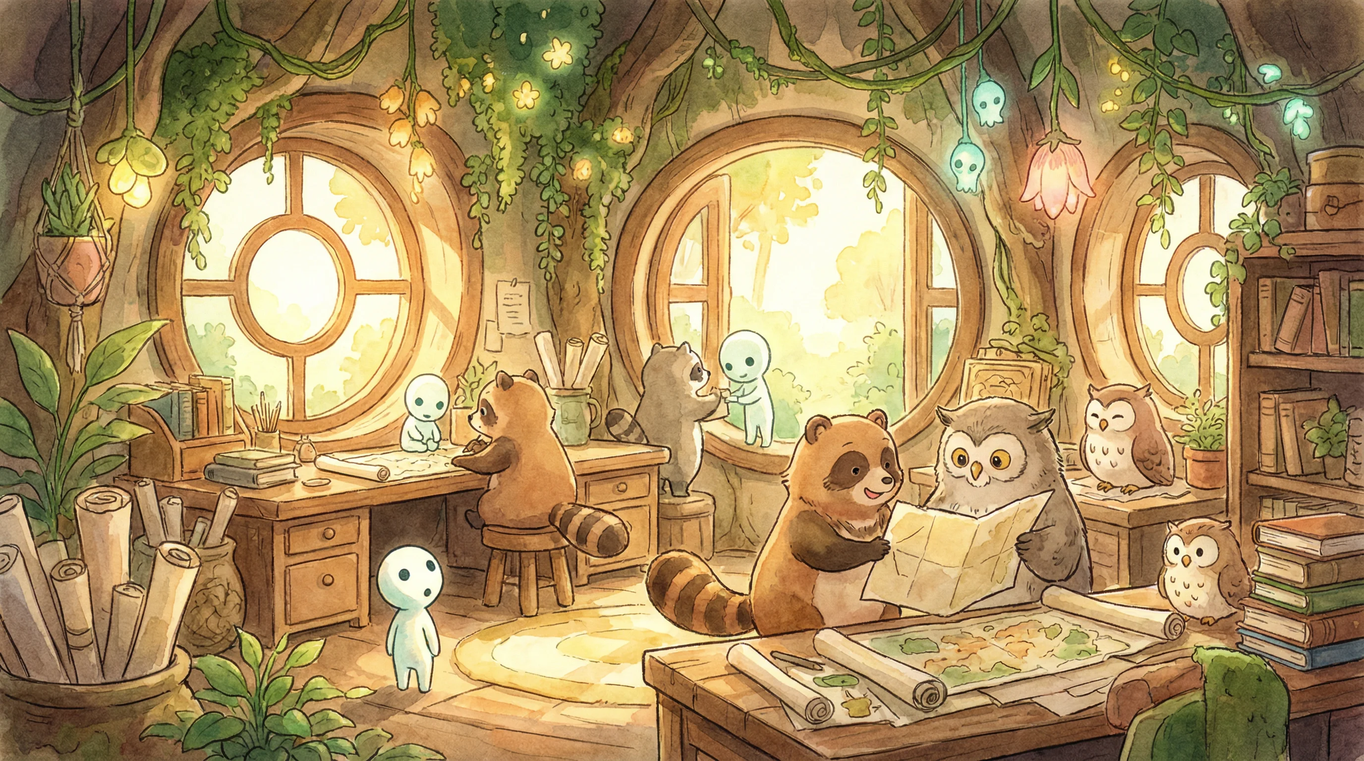 Escritório mágico na casa da árvore com animais trabalhando juntos