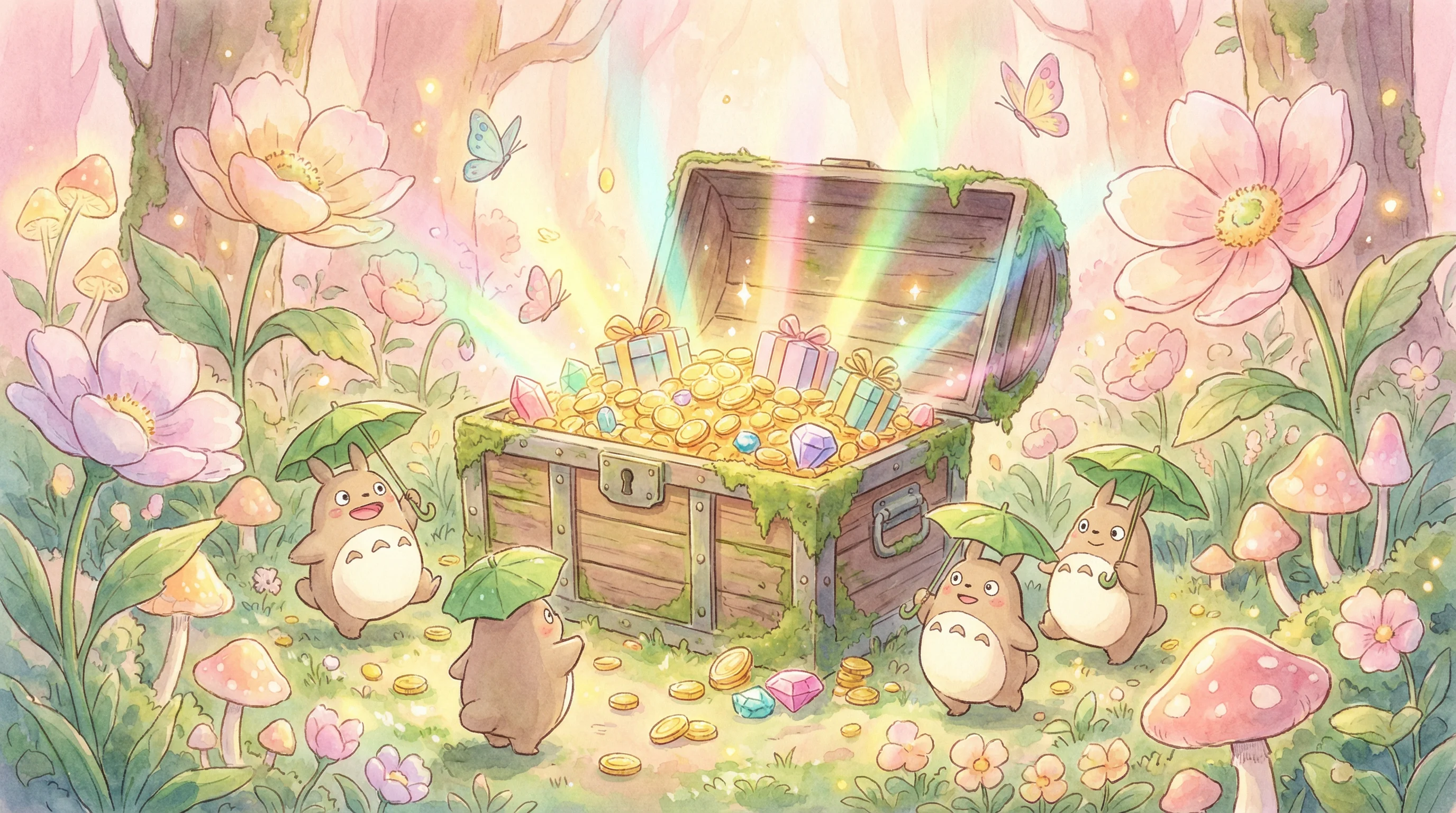 Baú do tesouro transbordando moedas e gemas em jardim encantado